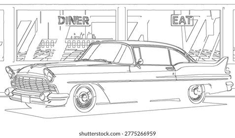 Nostalgic vector line art illustration of an antique classic vintage car parked beautifully on the street outside a retro diner.
