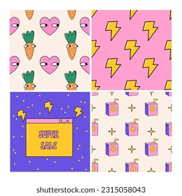 Nostalgic vibes. Back to 90s illustrations. Groovy retro set of cards and patterns. Vector illustrations 90s style.