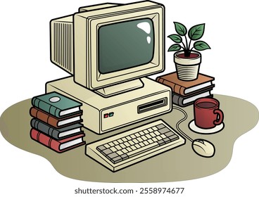 a nostalgic vintage computer setup with a CRT monitor, keyboard, mouse, floppy disk drive, stacks of books, a potted plant, and a coffee mug