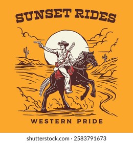 A nostalgic vintage illustration of a cowboy riding through the desert at sunset, capturing the beauty and resilience of the old west lifestyle.