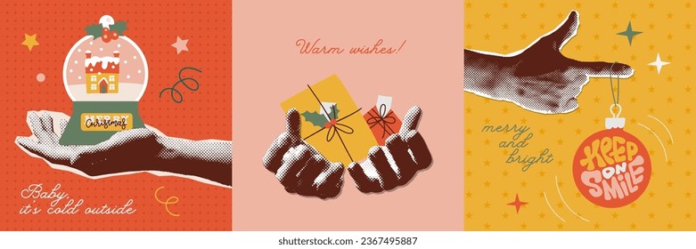 Nostálgicas vintage Las tarjetas navideñas de los cerezos se ponen. Plantillas de banner con medio tono de mano con elementos festivos - bola de nieve, cajas de regalo y bola de árbol de navidad. Un texto de deseos cálidos. Ilustración vectorial plana.