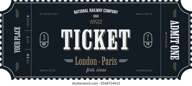 Nostalgic vintage ticket template on a dark background with golden accents. For excursion routes, retro parties, clubs and other projects. Just add your text. Vector, printable.