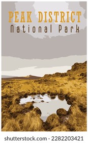Nostalgic WPA inspired retro travel poster of the Peak District National Park, England, UK in the style of Work Projects Administration.