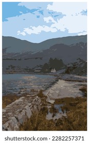 Nostalgic WPA inspired retro travel poster of the Cwmorthin Terrace and Rhosydd Slate Quarry, Blaenau Ffestiniog, Wales, UK in the style of Work Projects Administration.