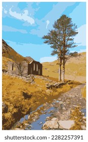Nostalgic WPA inspired retro travel poster of the Cwmorthin Terrace and Rhosydd Slate Quarry, Blaenau Ffestiniog, Wales, UK in the style of Work Projects Administration.