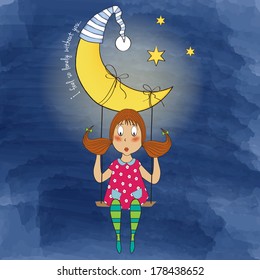 nostalgic young girl swinging in a swing hanging from the moon, vector format