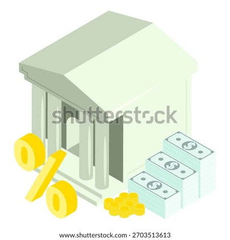 NOT AI GEN. Isometric bank borrowing money for business development at interest. Isolated cartoon vector on white background top view