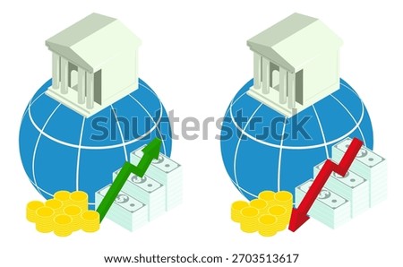 NOT AI GEN. Isometric world bank at top of global financial system, surrounded by rising and falling money supply. Isolated cartoon vector on white background top view