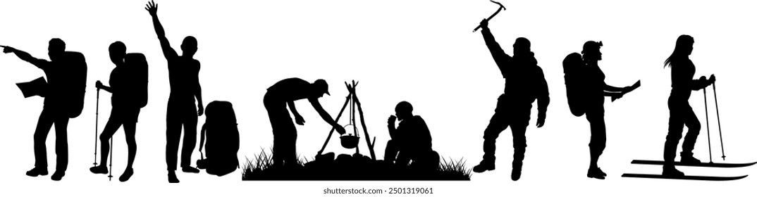 (NOT AI generated content ) 
Set of vector Illustration silhouettes: hiking, camping, skiing, caving, mountaineering, alpinism	