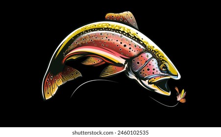 NOT AI. Rainbow trout jumping out of water. Salmon isolated on white background. Isolated handrawn  fishing logo vector .