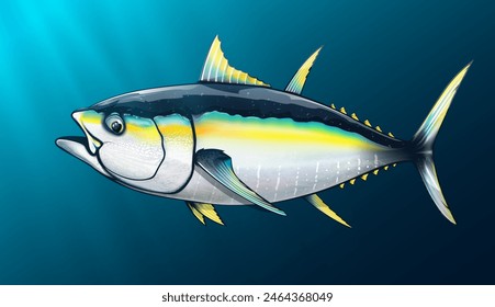 NOT AI. Tuna fishing logo vector illustration. Tuna fishing emblem isolated. Ocean fish logo. Saltwater fishing theme.