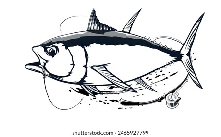 NOT AI. Tuna fishing logo vector illustration. Tuna fishing emblem isolated. Ocean fish logo. Saltwater fishing theme.