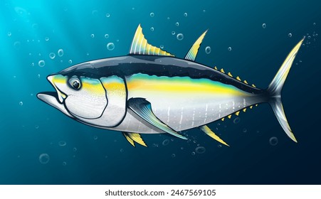 NOT AI. Tuna fishing logo vector illustration. Tuna fishing emblem isolated. Ocean fish logo. Saltwater fishing theme.