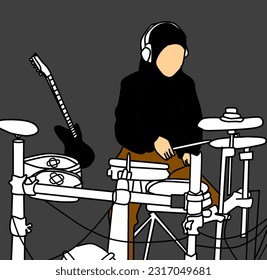 not all drummers are men this is a female drummer who is wearing a headscarf who wants to shake your ears