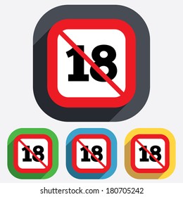 Not allowed 18 years old sign. Adults content icon. Red square prohibition sign. Stop flat symbol. Vector