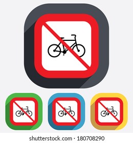 Not allowed Bicycle sign icon. Eco delivery. Family vehicle symbol. Red square prohibition sign. Stop flat symbol. Vector