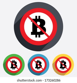 Not allowed Bitcoin sign icon. Cryptography currency symbol. P2P. Red circle prohibition sign. Stop flat symbol. Vector