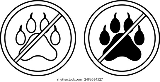 Not Allowed Icons. Black And White Vector Icons Of Animal Paw. Warning Sign. No Animals Allowed
