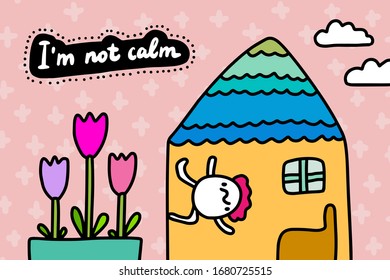I'm not calm hand drawn vector illustration in cartoon comic style man running around house quarantine isolation textured background