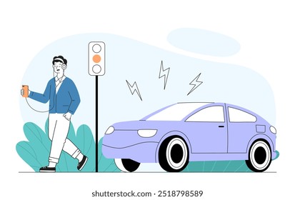 Not careful pedestrian. Young guy with player and headphones crossing pedestrian crossing. Citizen violating traffic rules. Danger and risk. Linear vector illustration isolated on white background