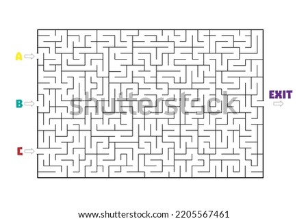 Not so easy Rectangle labyrinth with three entries A B C and One exit (only one solution). Line maze game. Hard -Medium complexity. Kids maze puzzle, vector illustration