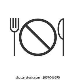 Not edible vector icon. No food symbol. Fork knife and prohibiton sign. Not to eat caution warning label. Package marking logo. Clip-art silhouette isolated on white background.