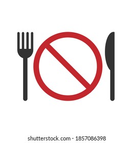 Icono de vector no comestible. No hay símbolo de comida. Cuchillo de horquilla y signo de prohibición. No comerse la etiqueta de advertencia de precaución. Logo de marcado de paquetes. Silueta de dibujos animados aislada sobre fondo blanco.