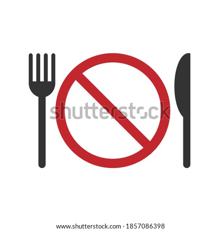 Not edible vector icon. No food symbol. Fork knife and prohibiton sign. Not to eat caution warning label. Package marking logo. Clip-art silhouette isolated on white background. 商業照片 © 
