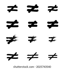 Not Equal Sign Icon Collection. 12 Hand Drawn Not Equal Sign. Mathematics Symbols Isolated On White Background