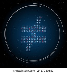 The not equal symbol filled with white dots. Pointillism style. Some dots is red. Vector illustration on blue background with stars