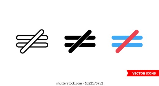 Not Equal Symbol Icon Of 3 Types: Color, Black And White, Outline. Isolated Vector Sign Symbol.