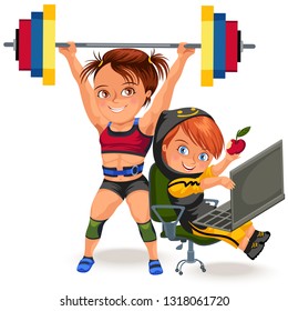 Not female professions, Strong muscular woman Weightlifting in sprt sports suit bikini and bra lifting barbell, a strong girl works hard programming on laptop pc vector illustration white background