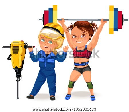 Not female professions, Strong muscular woman Weightlifting in sprt sports suit bikini and bra lifting barbell, strong girl works hard construction worker vector illustration on white background Stock photo © 
