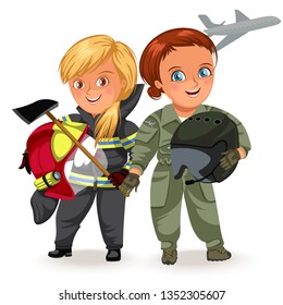 Not female professions, Strong woman pilot and builder constructor in uniform with military helmet in his arms , hard working girl, feminists worker vector illustration