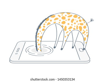 Not found 404 page, giraffe hid his head in the phone screen trying to find something. Searching, research, web surfing, search for an answer to a question icon concept. Flat line isolated vector.
