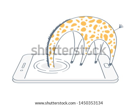 Not found 404 page, giraffe hid his head in the phone screen trying to find something. Searching, research, web surfing, search for an answer to a question icon concept. Flat line isolated vector.