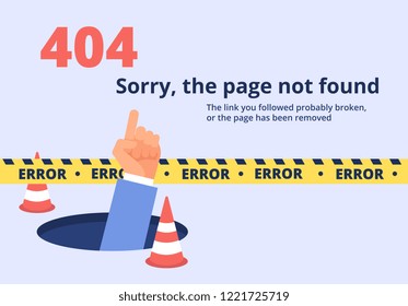 Not found concept. 404 error page design with hand holding message. Vector background