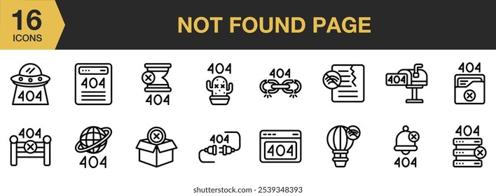 Not Found Page icon set. Includes not found page and More. Outline icons vector collection.