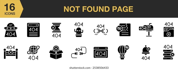 Not Found Page solid icon set. Includes not found page icons, and More. Solid icons vector collection.