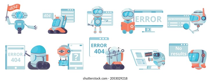 Not found results 404 error set of flat isolated icons with robots panic and computer windows vector illustration
