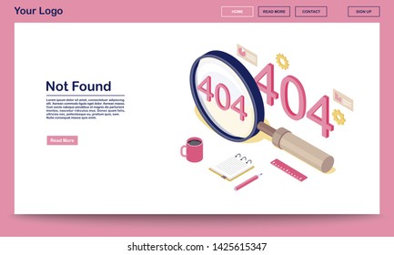 Not found standard code isometric webpage template. 404 error message in magnifying glass. Disconnected server notification landing page with text space. Web search problems statistics  
