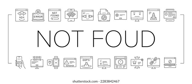 Die Symbole der Webseite-Kollektion wurden nicht gefunden. 404 Fehler und nicht gefunden Internet-Site, verlorene Kabel und Wireless-Wifi-Verbindung schwarze Kontaktbilder