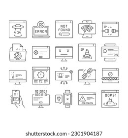 Not Found Web Page Collection Icons Set Vector. 404 Error And Not Found Internet Site, Lost Wire And Wireless Wifi Connection Black Contour Illustrations