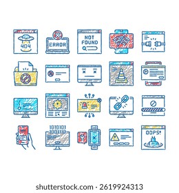 Not Found Web Page Collection doodle icons set vector. 404 Error Not Found Internet Site, Lost Wire Wireless Wifi Connection sketch hand drawn