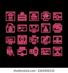 Not Found Web Page neon light sign vector. 404 Error And Not Found Internet Site, Lost Wire And Wireless Wifi Connection Illustrations
