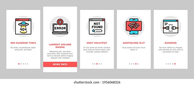 Not Found Web Page Onboarding Mobile App Page Screen Vector. 404 Error And Not Found Internet Site, Lost Wire And Wireless Wifi Connection Illustrations