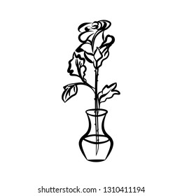 Not fully bloomed rose in a transparent vase. The picture is made in black and white color. Can be used for greeting cards for the holidays. Vector hand-drawn graphics.