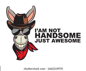 i am not handsome just awesome. Cartoon style donkey, cartoon animal character with the beer mug and hat, isolated on white background.