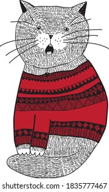 not happy cat in a new year sweater with graphic ornament doodle postcard stock image