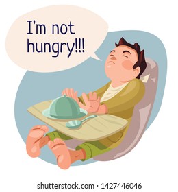 I'm not hungry.  The boy refuses to eat.  Isolated flat illustration on white background.